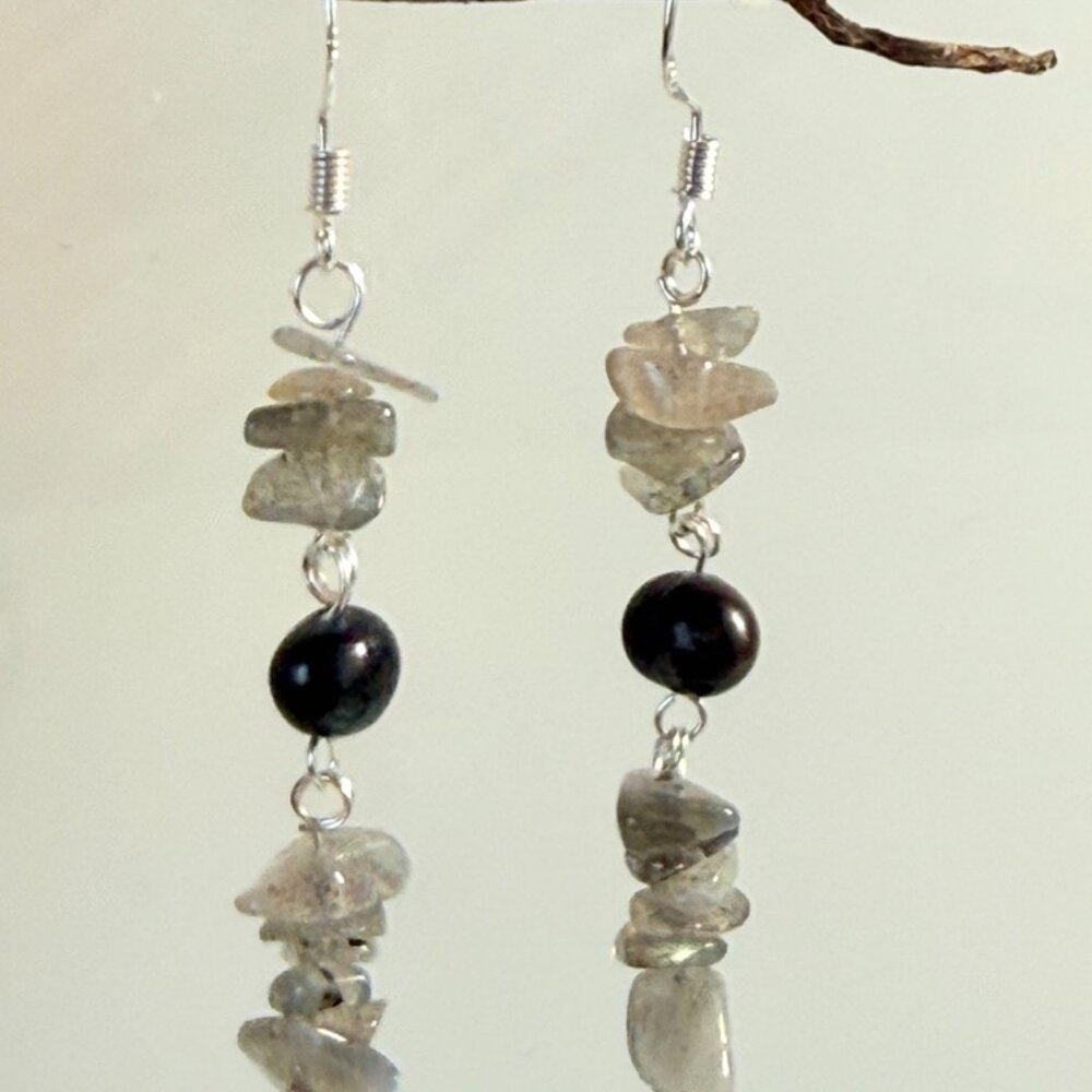 Labradorite & Freshwater Pearl Earrings, Natural Stone Dangle Earrings, Handmade - Picture 2 of 6
